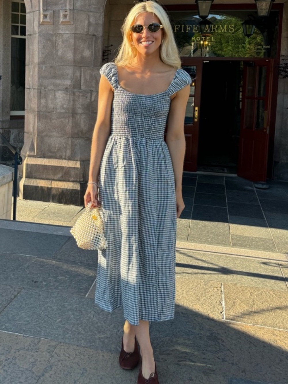 Reformation Black and White Gingham Smocked Midi Dress